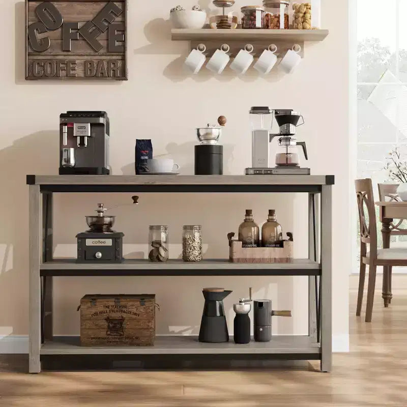 Tavolo da ingresso da fattoria, Consolle stretta e lunga da 120 cm con contenitore, Consolle in legno a 3 ripiani