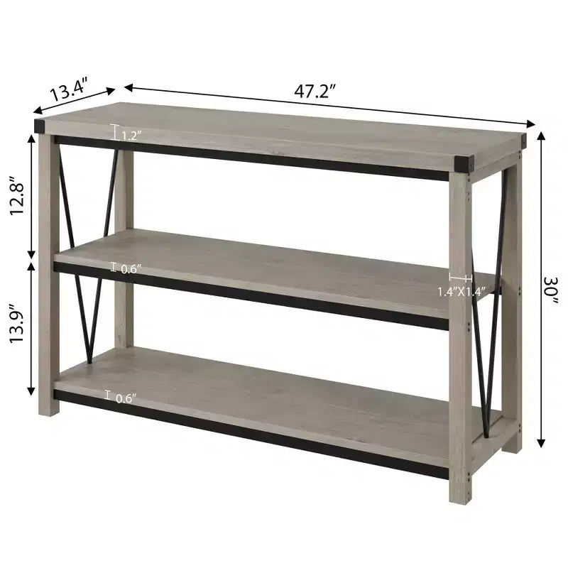 Tavolo da ingresso da fattoria, Consolle stretta e lunga da 120 cm con contenitore, Consolle in legno a 3 ripiani