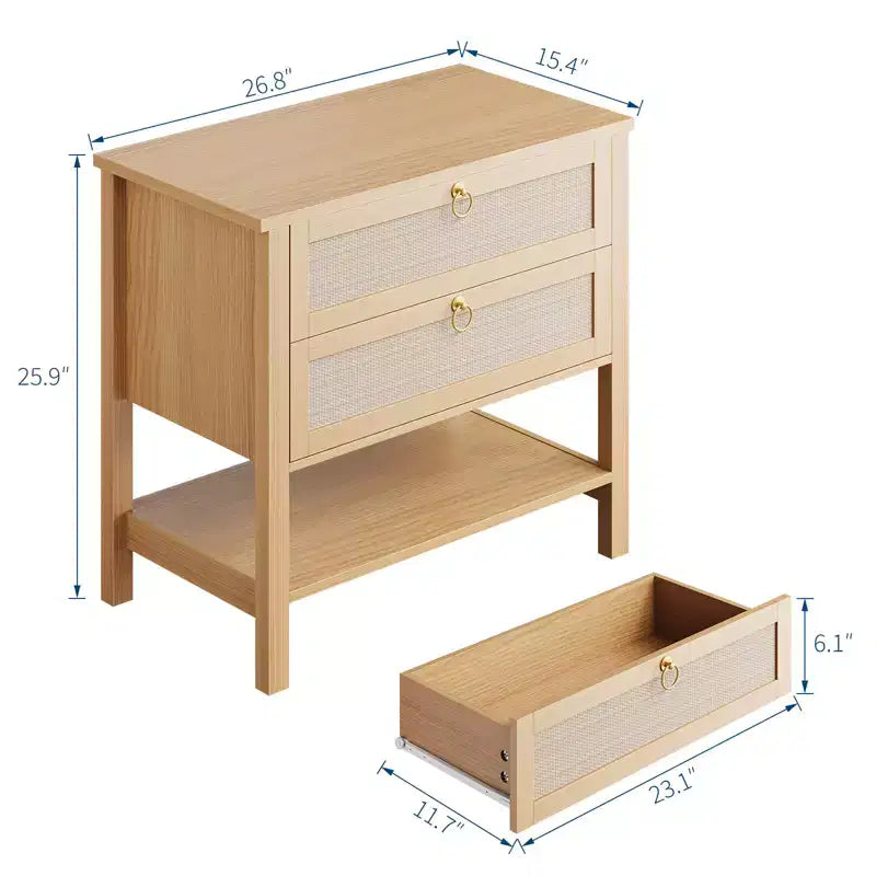 Comodino in rattan, comodino moderno con 2 cassetti, con ripiano aperto, adatto per camera da letto e soggiorno, legno di ciliegio, 2 set