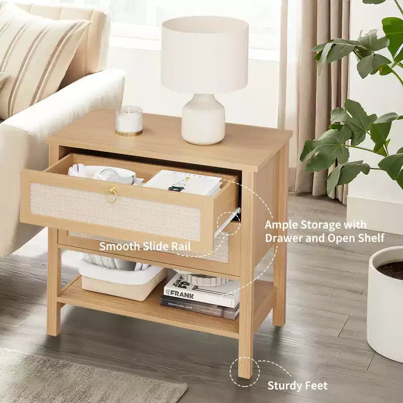 Comodino in rattan, comodino moderno con 2 cassetti, con ripiano aperto, adatto per camera da letto e soggiorno, legno di ciliegio, 2 set