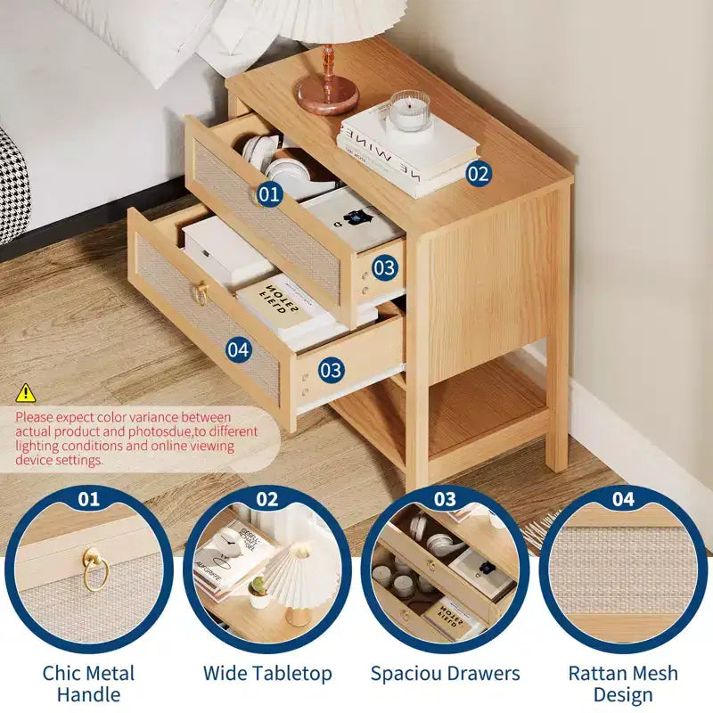 Comodino in rattan, comodino moderno con 2 cassetti, con ripiano aperto, adatto per camera da letto e soggiorno, legno di ciliegio, 2 set