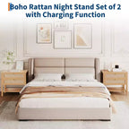 Comodino in rattan, comodino moderno con 2 cassetti, con ripiano aperto, adatto per camera da letto e soggiorno, legno di ciliegio, 2 set