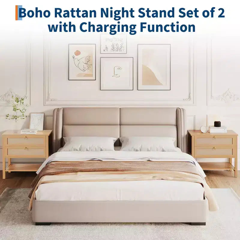 Comodino in rattan, comodino moderno con 2 cassetti, con ripiano aperto, adatto per camera da letto e soggiorno, legno di ciliegio, 2 set