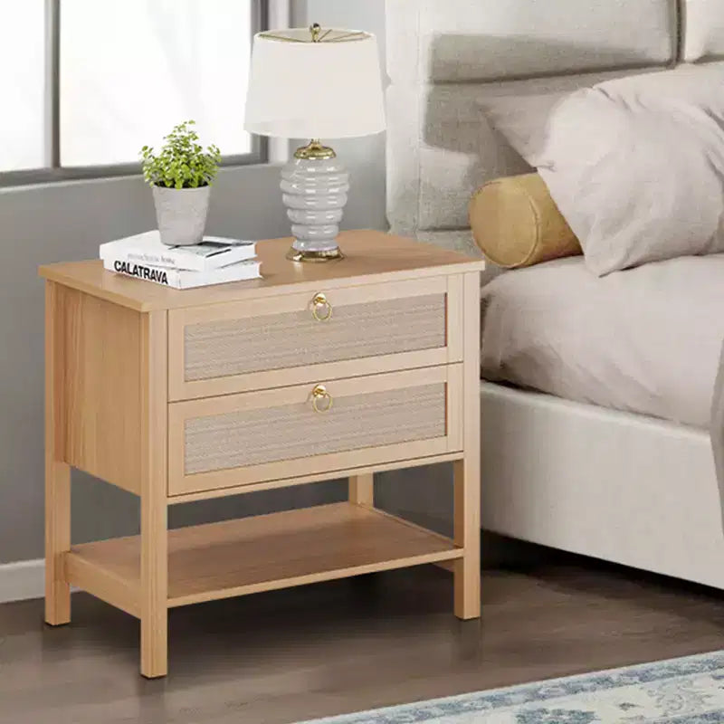 Comodino in rattan, comodino moderno con 2 cassetti, con ripiano aperto, adatto per camera da letto e soggiorno, legno di ciliegio, 2 set
