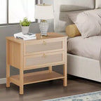 Comodino in rattan, comodino moderno con 2 cassetti, con ripiano aperto, adatto per camera da letto e soggiorno, legno di ciliegio, 2 set