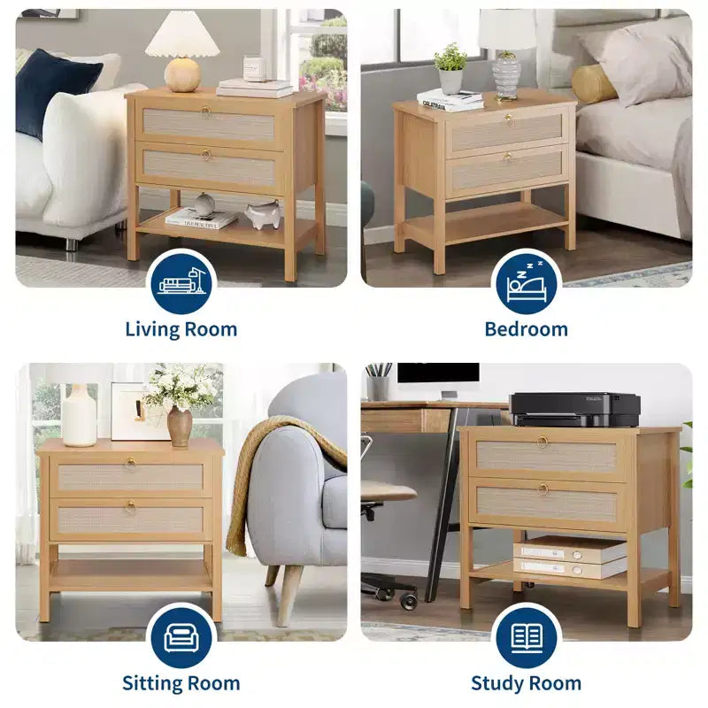 Comodino in rattan, comodino moderno con 2 cassetti, con ripiano aperto, adatto per camera da letto e soggiorno, legno di ciliegio, 2 set