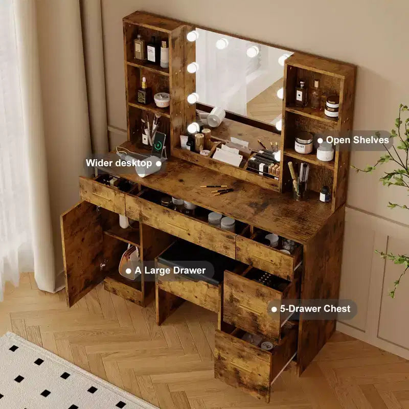 Set Toeletta da Fattoria con Specchio Illuminato, Tavolo da Trucco con Stazione di Ricarica e Spazio per la Camera da Letto