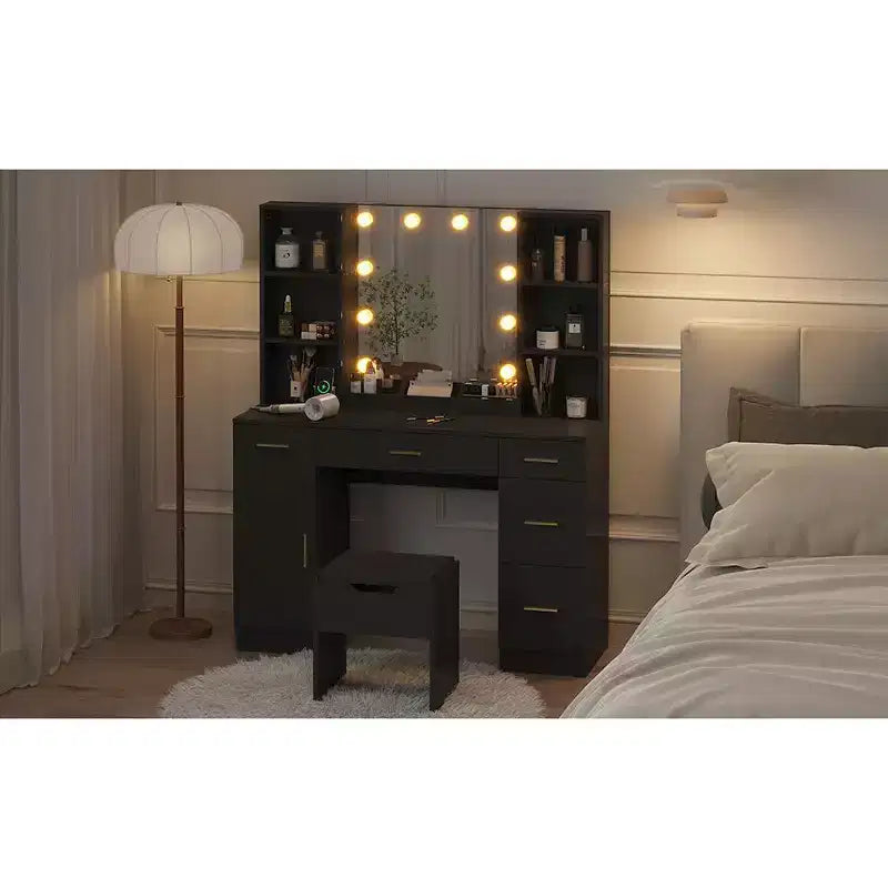 Set Toeletta da Fattoria con Specchio Illuminato, Tavolo da Trucco con Stazione di Ricarica e Spazio per la Camera da Letto