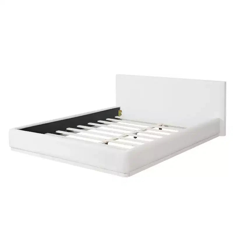 Letto in Tessuto Morbido dal Design Elegante con Testiera Imbottita, Letto Matrimoniale Moderno Minimalista per Camera Padronale