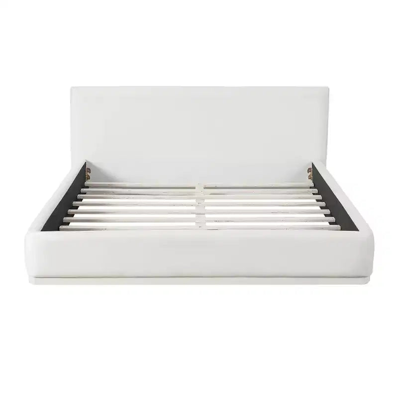 Letto in Tessuto Morbido dal Design Elegante con Testiera Imbottita, Letto Matrimoniale Moderno Minimalista per Camera Padronale