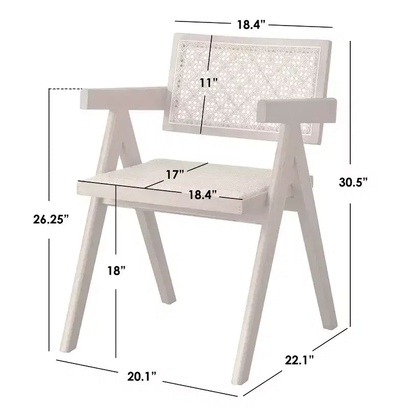 Sedia da pranzo moderna con braccioli in legno massello e rattan, noce chiaro