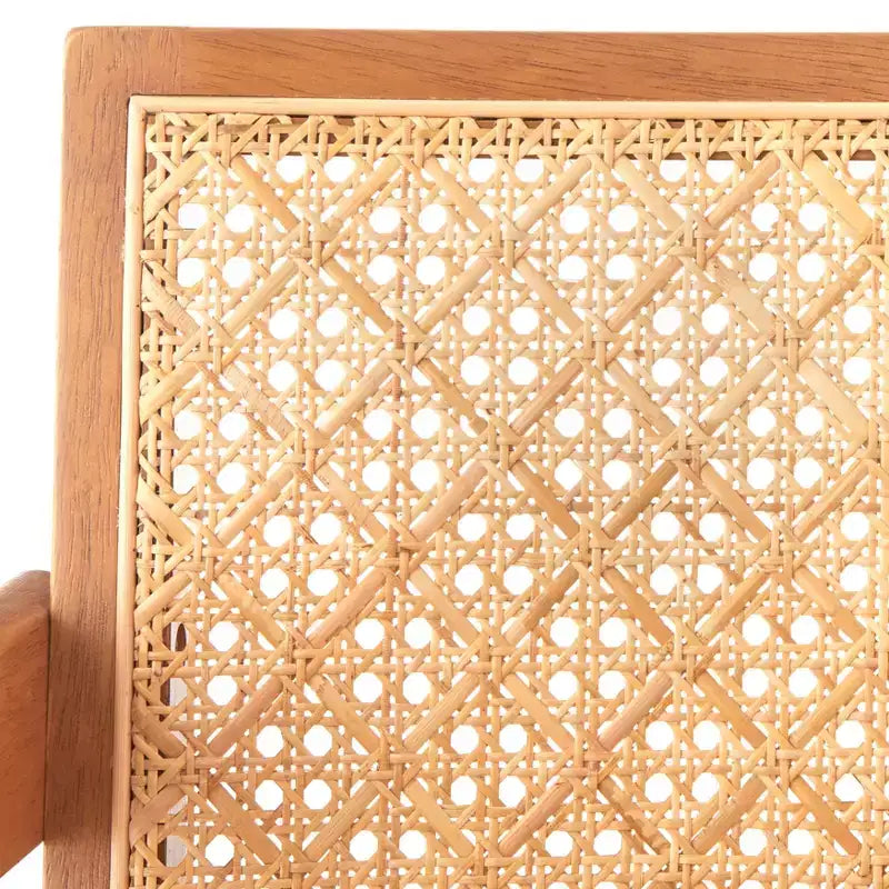 Sedia da pranzo moderna con braccioli in legno massello e rattan, noce chiaro