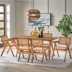 Sedia da pranzo moderna con braccioli in legno massello e rattan, noce chiaro