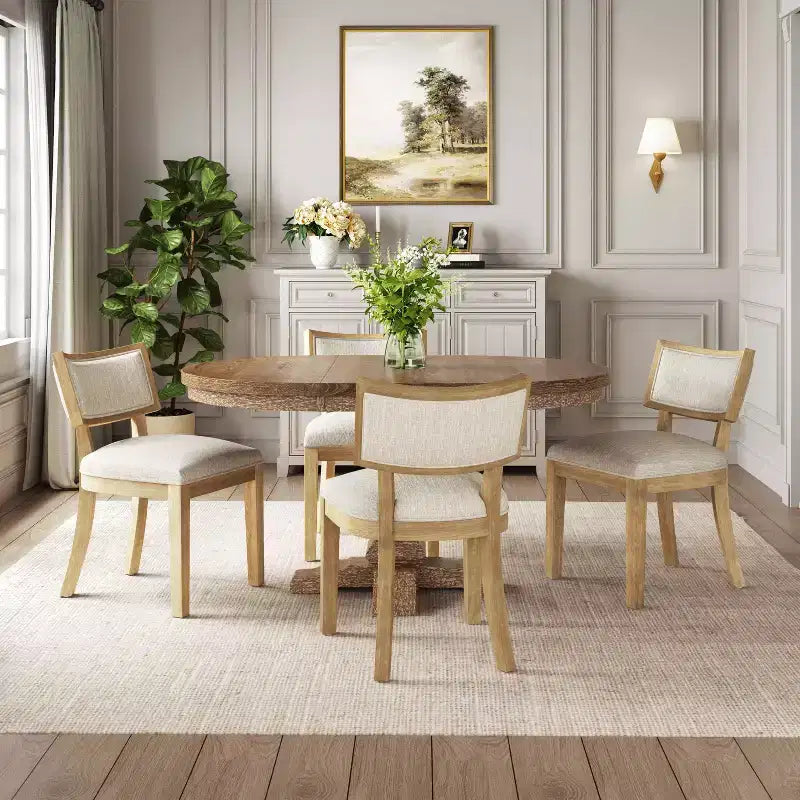 Set da pranzo ovale allungabile 5 pezzi imbottito in tessuto tortora/beige