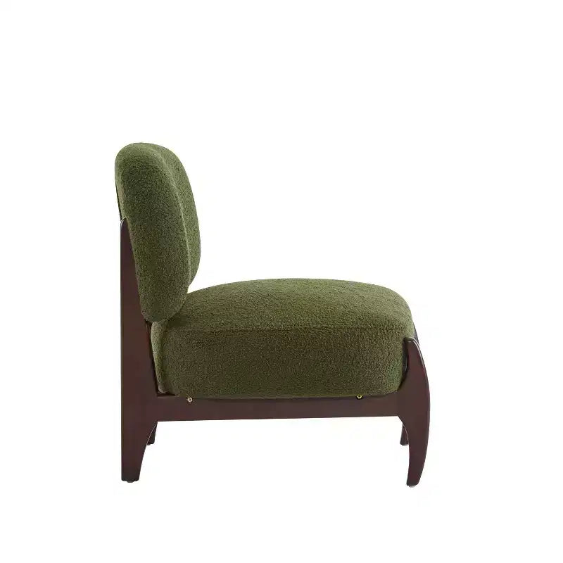Poltrona d'accento in Bouclé Verde con Struttura in Legno di Gomma Moderno