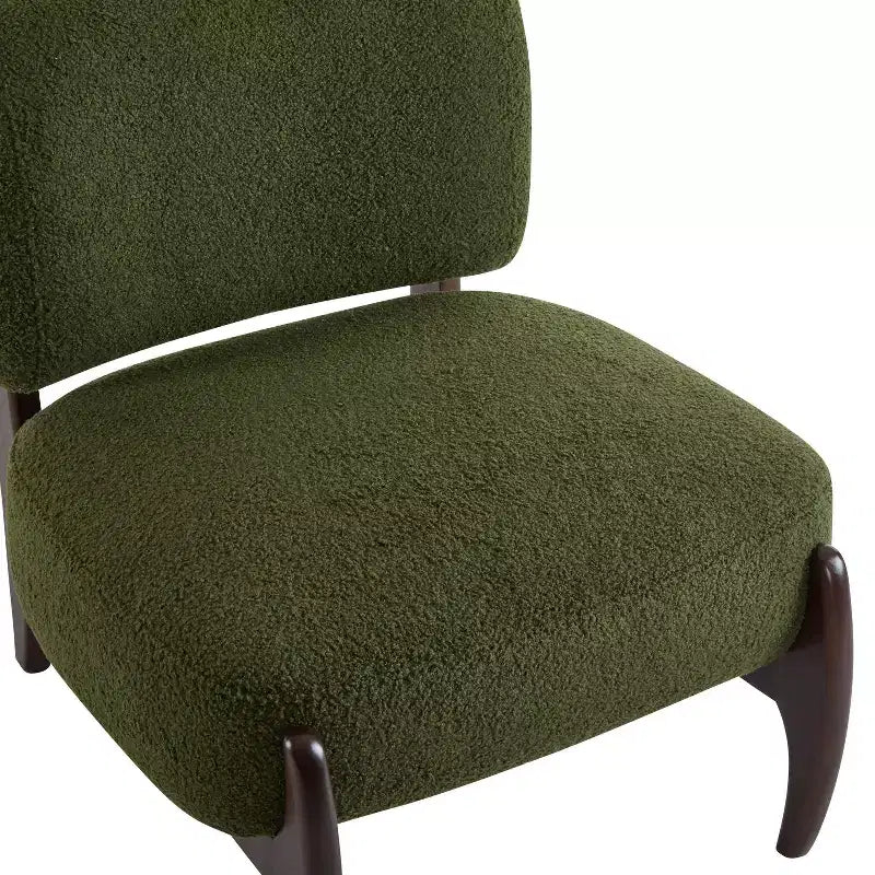 Poltrona d'accento in Bouclé Verde con Struttura in Legno di Gomma Moderno