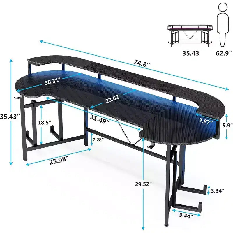 Scrivania da gioco a LED nera da 74,8"