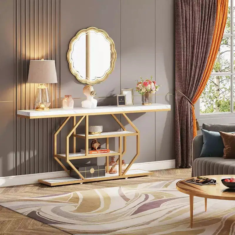 Consolle da ingresso a 4 ripiani, lunga 180 cm, con ripiano portaoggetti, bianco/oro
