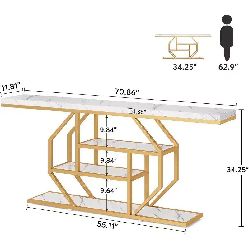 Consolle da ingresso a 4 ripiani, lunga 180 cm, con ripiano portaoggetti, bianco/oro