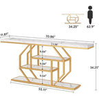 Consolle da ingresso a 4 ripiani, lunga 180 cm, con ripiano portaoggetti, bianco/oro