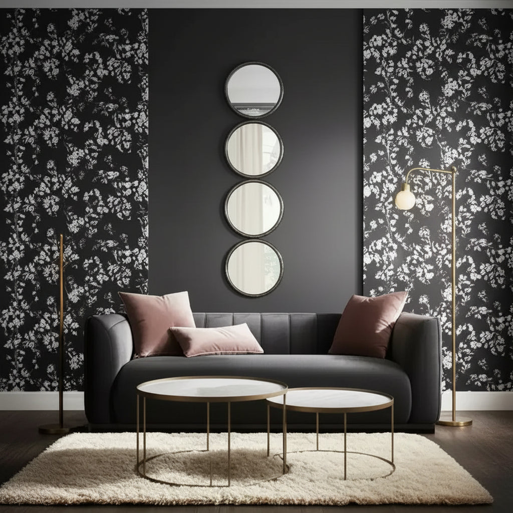 Modern Wall Mirror, Accent Mirror with Round Glass Panels, Wood & Metal Frame, Decorative Home & Office Decor for Living Room & Bedroom, 48 Black