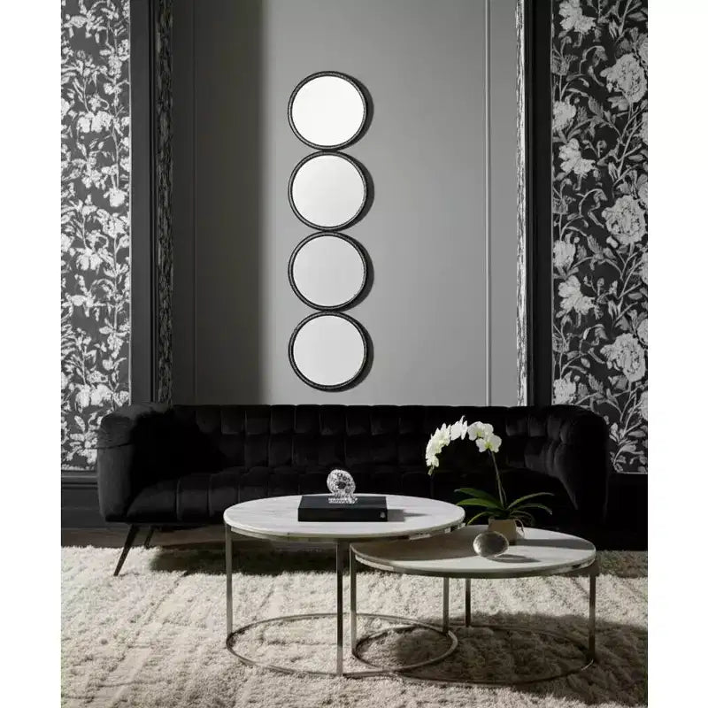 Specchio da parete moderno, specchio decorativo con pannelli in vetro rotondi, struttura in legno e metallo, decorazione decorativa per casa e ufficio per soggiorno e camera da letto, 48 nero