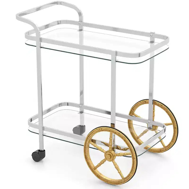 Carrello Bar Moderno a 2 Livelli in Vetro Temperato con 2 Grandi Ruote in Alluminio e 2 Ruote Girevoli Maniglia Facile da Afferrare Struttura in Acciaio Inossidabile