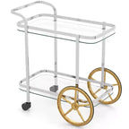 Carrello Bar Moderno a 2 Livelli in Vetro Temperato con 2 Grandi Ruote in Alluminio e 2 Ruote Girevoli Maniglia Facile da Afferrare Struttura in Acciaio Inossidabile