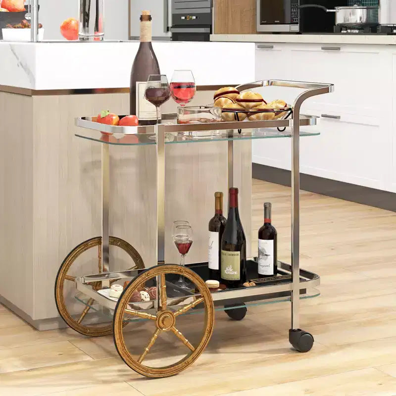 Carrello Bar Moderno a 2 Livelli in Vetro Temperato con 2 Grandi Ruote in Alluminio e 2 Ruote Girevoli Maniglia Facile da Afferrare Struttura in Acciaio Inossidabile