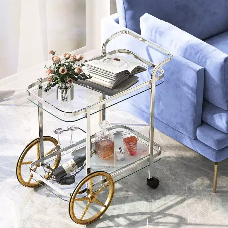 Carrello Bar Moderno a 2 Livelli in Vetro Temperato con 2 Grandi Ruote in Alluminio e 2 Ruote Girevoli Maniglia Facile da Afferrare Struttura in Acciaio Inossidabile