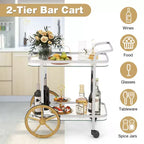Carrello Bar Moderno a 2 Livelli in Vetro Temperato con 2 Grandi Ruote in Alluminio e 2 Ruote Girevoli Maniglia Facile da Afferrare Struttura in Acciaio Inossidabile