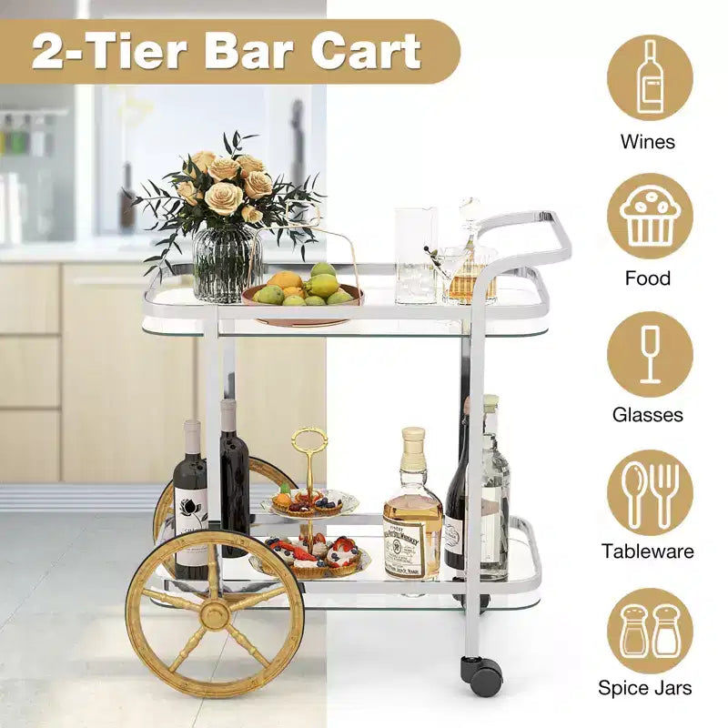 Carrello Bar Moderno a 2 Livelli in Vetro Temperato con 2 Grandi Ruote in Alluminio e 2 Ruote Girevoli Maniglia Facile da Afferrare Struttura in Acciaio Inossidabile