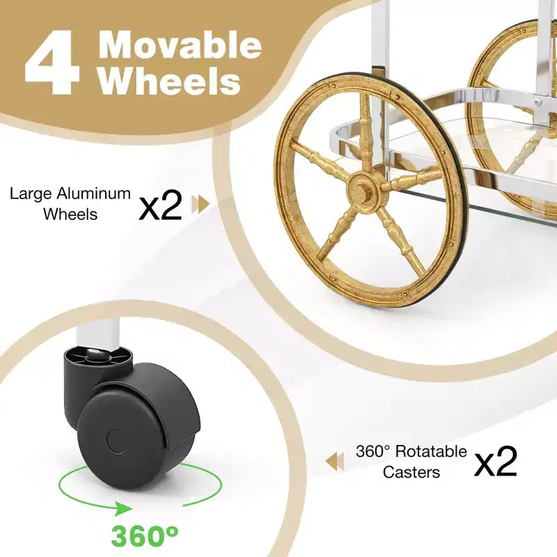 Carrello Bar Moderno a 2 Livelli in Vetro Temperato con 2 Grandi Ruote in Alluminio e 2 Ruote Girevoli Maniglia Facile da Afferrare Struttura in Acciaio Inossidabile