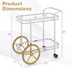 Carrello Bar Moderno a 2 Livelli in Vetro Temperato con 2 Grandi Ruote in Alluminio e 2 Ruote Girevoli Maniglia Facile da Afferrare Struttura in Acciaio Inossidabile