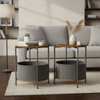 Set of 2 Round Side Tables with Removable Fabric Basket Industrial End Tables