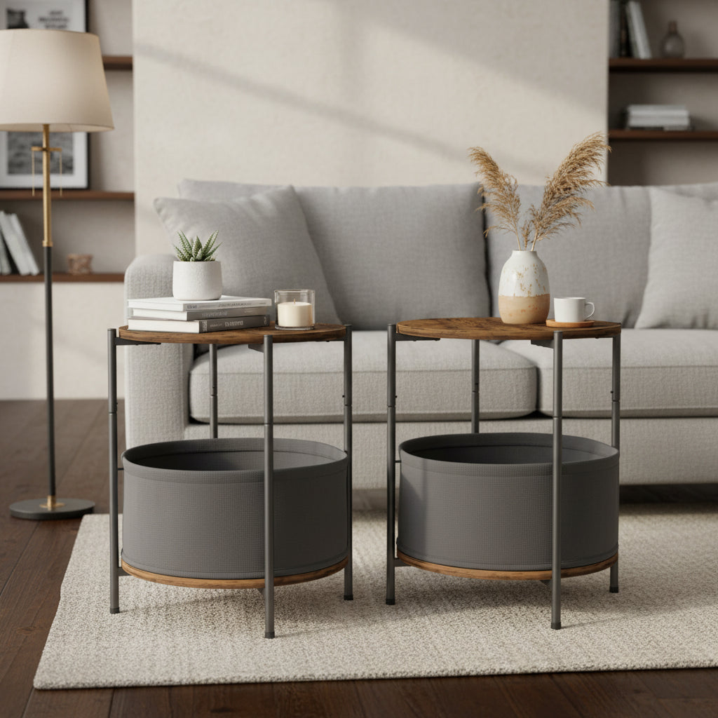 Set of 2 Round Side Tables with Removable Fabric Basket Industrial End Tables