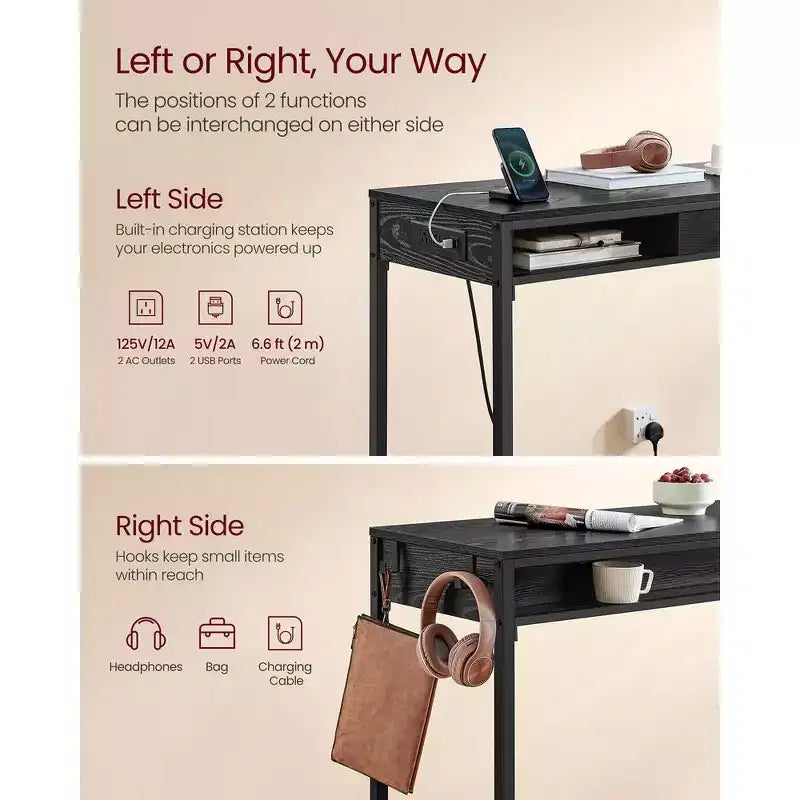 Tavolo da Bar con Presa di Corrente, Tavolo da Pub Alto 99,8 cm, Tavolo da Cucina Rettangolare con Cassetto Mobile, 2 Ganci, Tavolo Alto Stretto