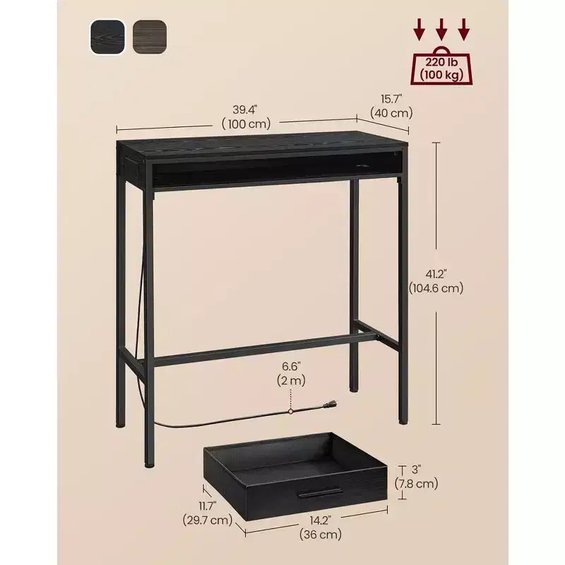 Tavolo da Bar con Presa di Corrente, Tavolo da Pub Alto 99,8 cm, Tavolo da Cucina Rettangolare con Cassetto Mobile, 2 Ganci, Tavolo Alto Stretto