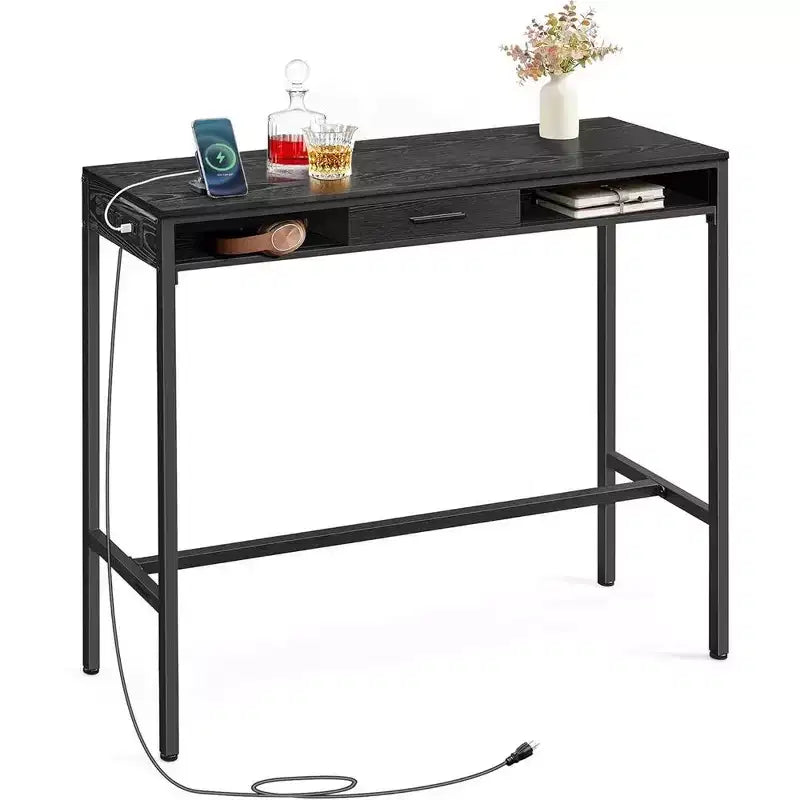 Tavolo da Bar con Presa di Corrente, Tavolo da Pub Alto 99,8 cm, Tavolo da Cucina Rettangolare con Cassetto Mobile, 2 Ganci, Tavolo Alto Stretto