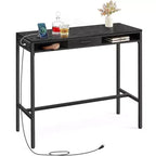 Tavolo da Bar con Presa di Corrente, Tavolo da Pub Alto 99,8 cm, Tavolo da Cucina Rettangolare con Cassetto Mobile, 2 Ganci, Tavolo Alto Stretto