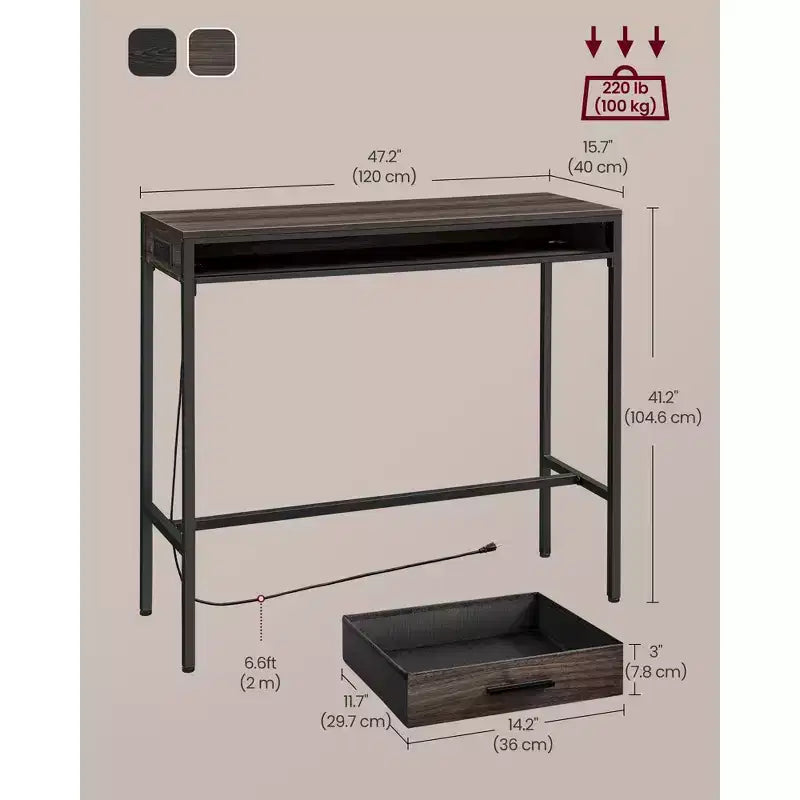 Tavolo da Bar con Presa di Corrente, Tavolo da Pub Alto 99,8 cm, Tavolo da Cucina Rettangolare con Cassetto Mobile, 2 Ganci, Tavolo Alto Stretto