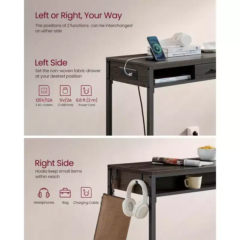 Tavolo da Bar con Presa di Corrente, Tavolo da Pub Alto 99,8 cm, Tavolo da Cucina Rettangolare con Cassetto Mobile, 2 Ganci, Tavolo Alto Stretto