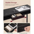 Tavolo da Bar con Presa di Corrente, Tavolo da Pub Alto 99,8 cm, Tavolo da Cucina Rettangolare con Cassetto Mobile, 2 Ganci, Tavolo Alto Stretto