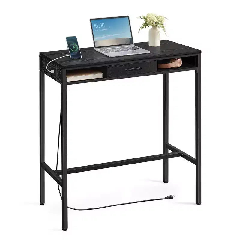 Tavolo da Bar con Presa di Corrente, Tavolo da Pub Alto 99,8 cm, Tavolo da Cucina Rettangolare con Cassetto Mobile, 2 Ganci, Tavolo Alto Stretto