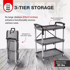 Carrello di servizio portatile multiuso a 3 ripiani pieghevole, grigio