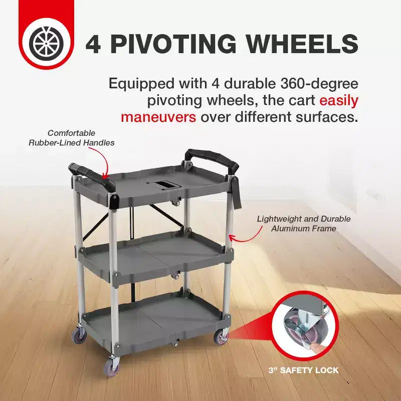 Carrello di servizio portatile multiuso a 3 ripiani pieghevole, grigio