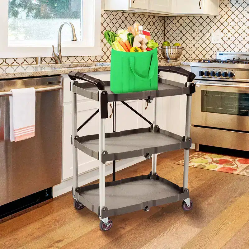 Carrello di servizio portatile multiuso a 3 ripiani pieghevole, grigio