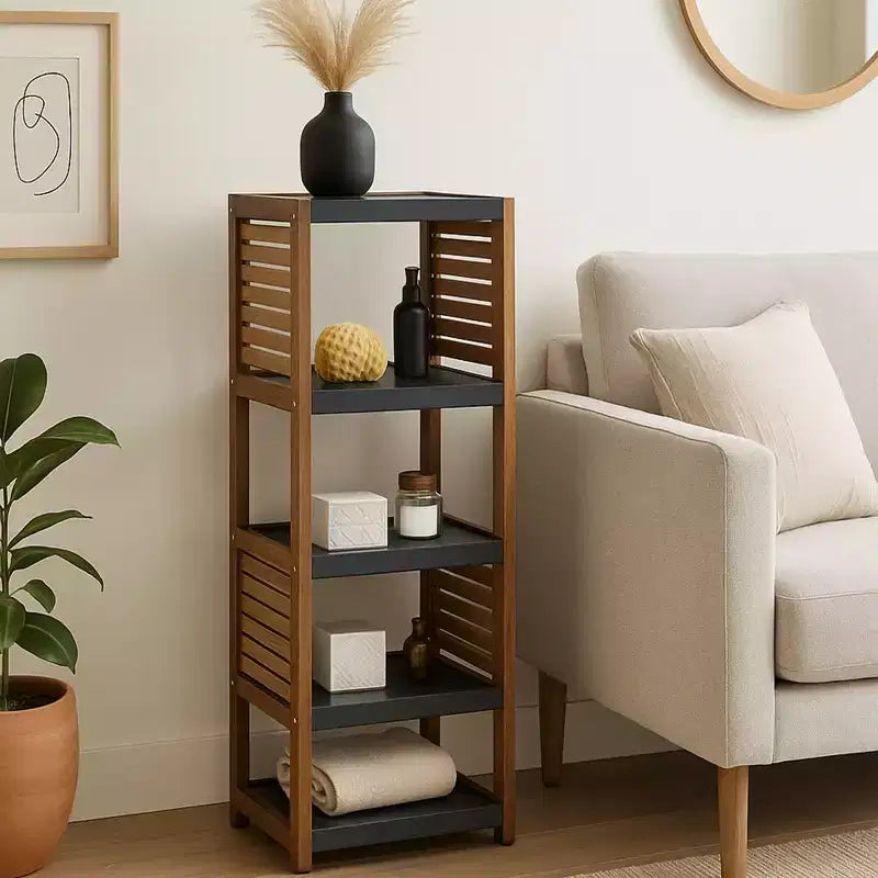 Scaffale a terra per biancheria da bagno con elementi in acacia - Legno grigio