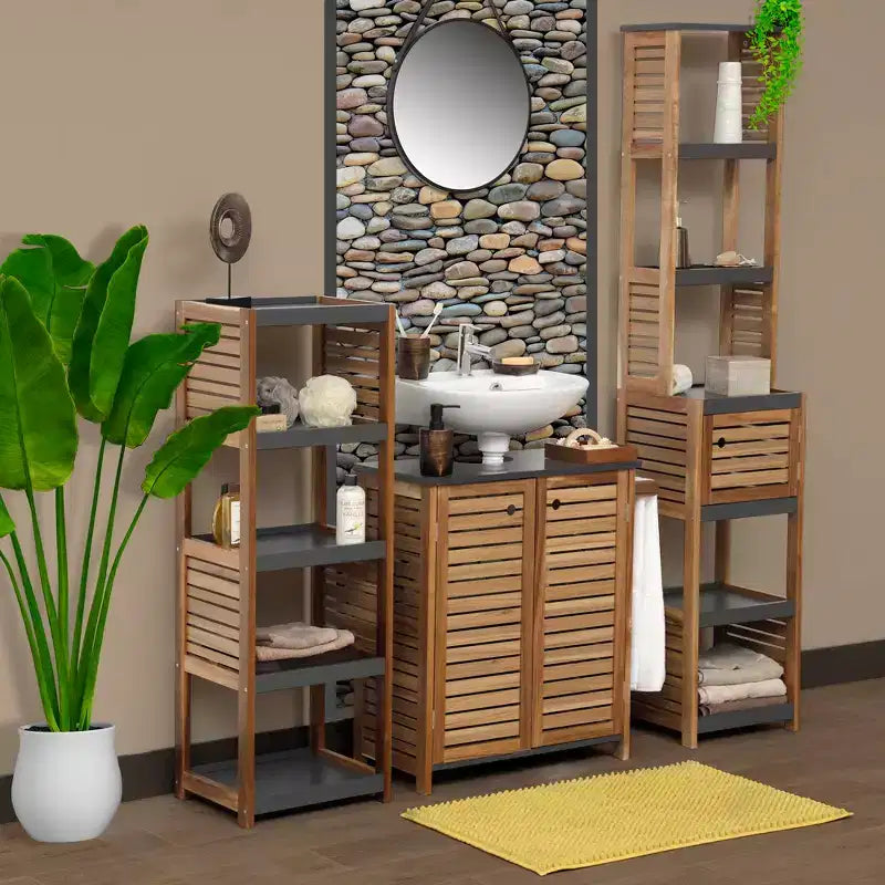 Scaffale a terra per biancheria da bagno con elementi in acacia - Legno grigio