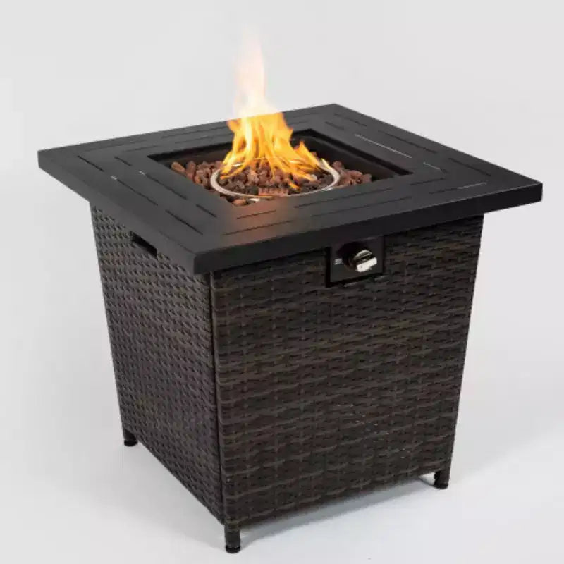 Tavolo Fuoco in Rattan, Tavolo Fuoco Quadrato in Vimini, Focolare Esterno Regolabile in Rattan Intrecciato per Giardino, Cortile